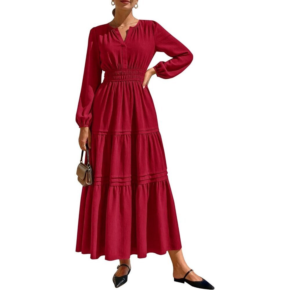 Women's Maxi Dress V Neck Long Sleeve Flowy Pockets Casual Fall